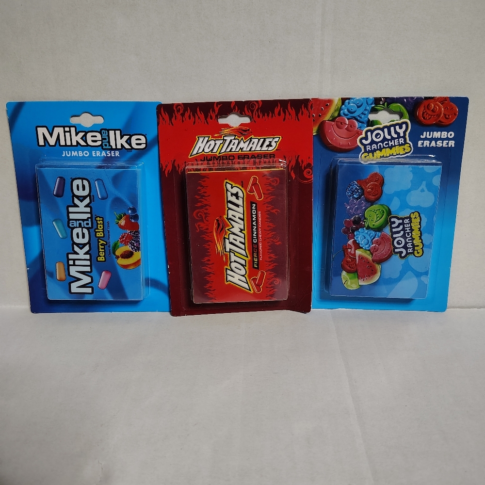 3 jumbo candy theme erasers (Mike&Ike,Jolly rancher,Hot tamales)